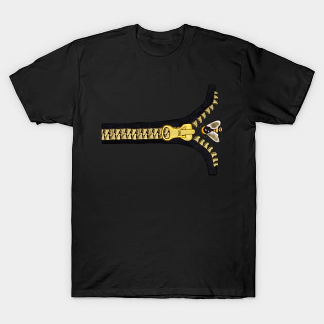 Bee themed gifts for women, men and kids. Black with gold zipper and bee flying in, save the bees T-Shirt by Artonmytee